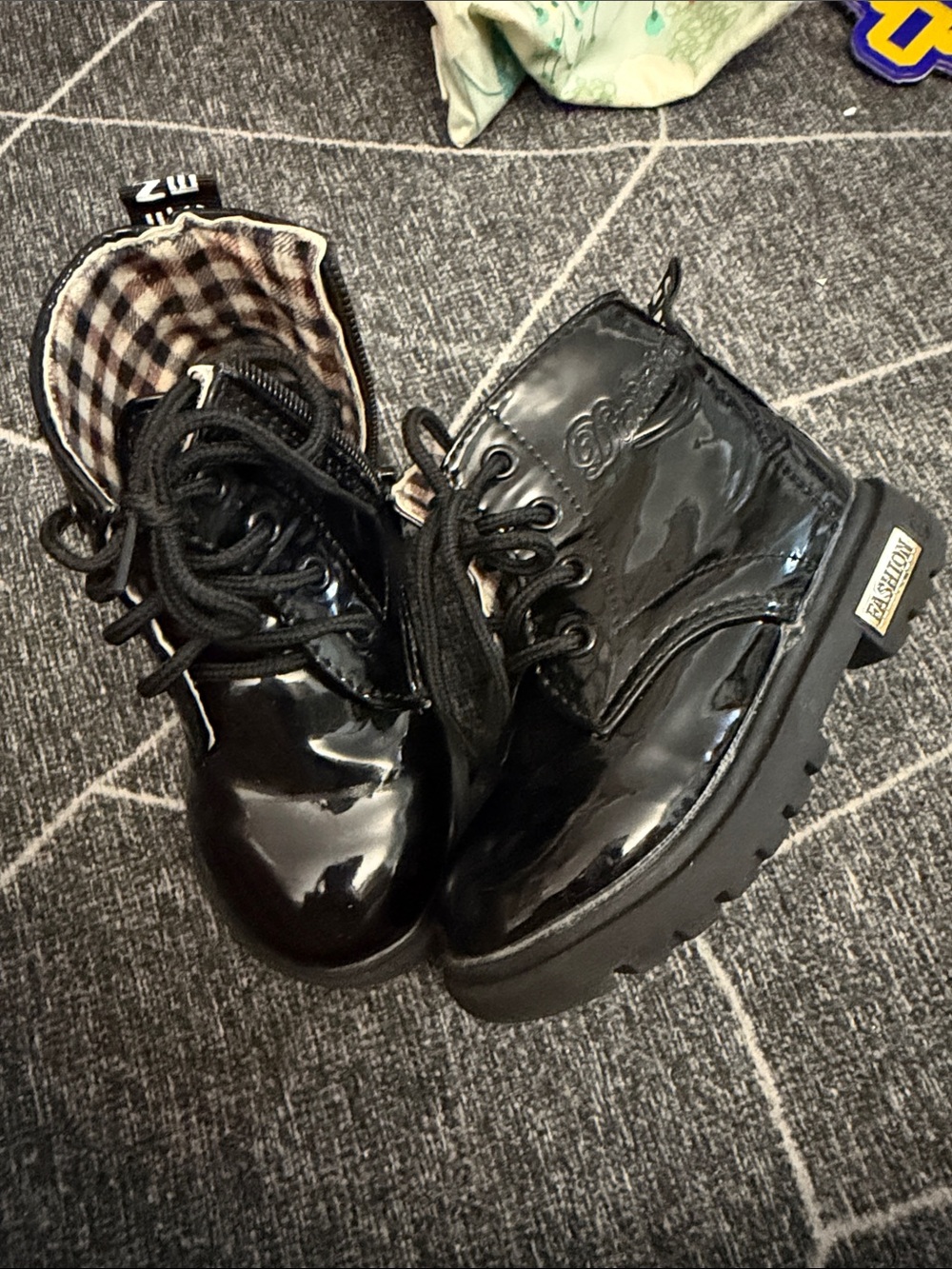Kids girls Glossy Black Combat Boots with Checkered Lining